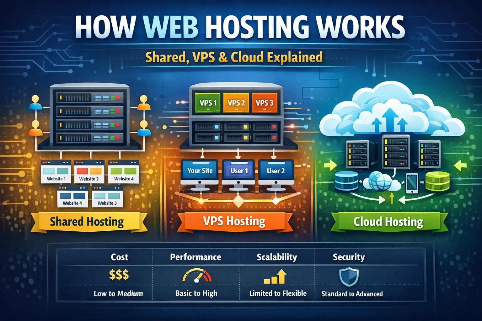 How Web Hosting Works: Shared vs VPS vs Cloud Hosting Explained (Beginner Guide)